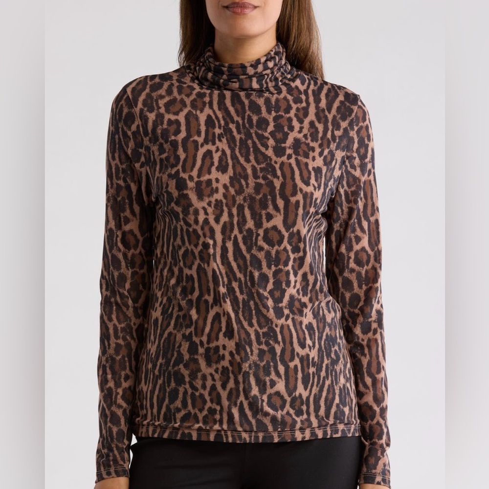 Tahari Leopard Print Mesh Long Sleeve Top
